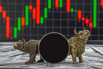 Figures of a bull and a bear in yellow metal. Stock trading symbols. Round space with a coin border...