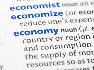 Economy - English dictionary definition of the word - photo of a dictionary page with paper grain texture - selective focus on the word