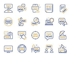 Fake news line icons. Social media propaganda, Newspaper, Conspiracy of truth. Wrong facts, Fake information, False loudspeaker outline icons. Misleading news, People lies and propaganda truck. Vector