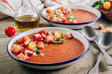Spanish summer cold soup gazpacho with vegetables on concrete background.