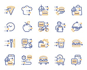 Food delivery line icons. Online order, Eat pizza, Fast grocery service. Home delivery, Burger or cheeseburger, Courier with food outline icons. Smartphone order, Coffee deliver, Apple fruit. Vector
