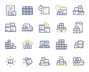 Fototapeta premium Inventory line icons. Warehouse manager, Wholesale stock, Goods checklist. Delivery logistic, Box shelf, Warehouse distribution outline icons. Wholesale freight, Storage and Inventory operator. Vector