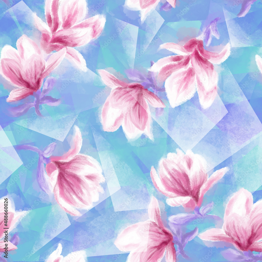 Wall mural seamless pattern of soft pink magnolia flowers on a blue background with triangles and texture. tren