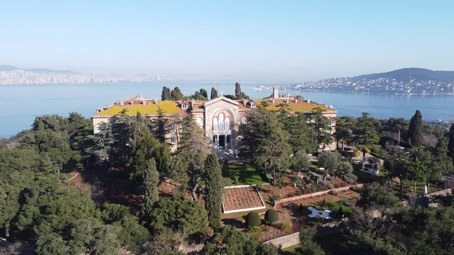 Heybeliada one of the Prince Islands in the Sea of Marmara shot from the air. In the background the Istanbul districts of Kartal, Pendik and Tuzla as well as B&uuml;y&uuml;kada, in the foreground the monastery 