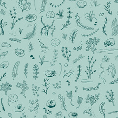 Water plants vector line seamless pattern