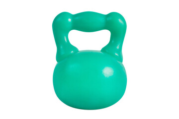 Isolated photo of green colored plastic child toy kettlebell on white background.