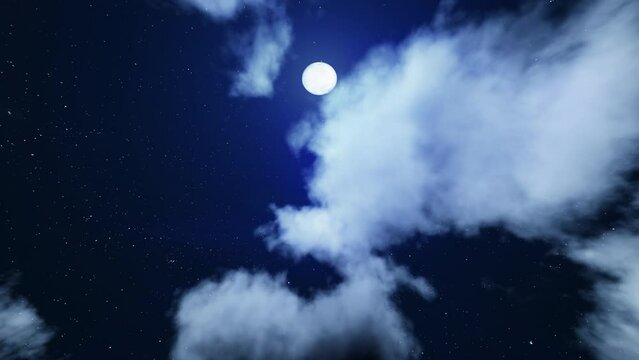 下から上へ雲が流れる晴れた空/月夜