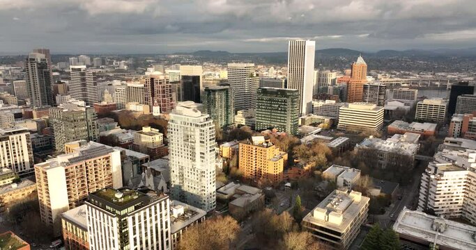 Aerial View over the city center area of Portland Oregon USA