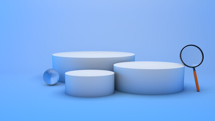 Mockup of three different round podiums with magnifying glass on light blue background. Scene template for advertising and presentation, 3D illustration