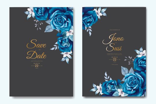 Beautiful Floral Navy Blue Wedding Invitation Card