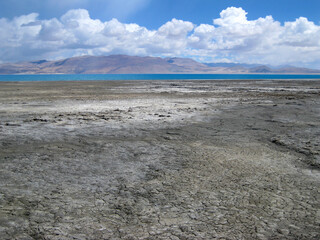 Desert, mountains and lake in Tibet