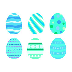 Colorful Easter eggs in shades of blue and birch, painted with patterns for Easter holiday decoration, isolated on white background. Vector illustration