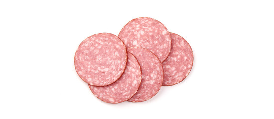 Salami sausage slices, isolated on white background.