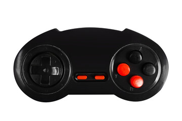 Isolated photo of gaming 8 bit plastic controller joystick with red buttons on white background.