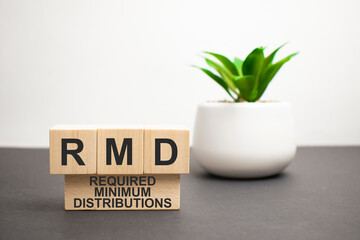 rmd, required, minimum, distribution written on wooden blocks, customer relationship management, success in business concepts,