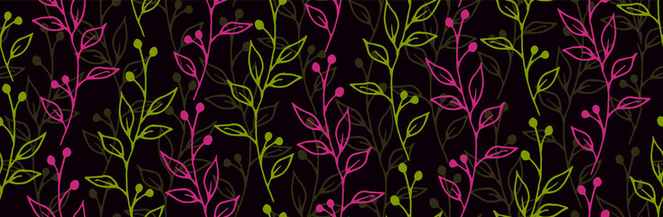 Berry bush sprouts botanical vector seamless ornament. Chic floral fabric print. Wild plants foliage and bloom wallpaper. Berry bush sprigs flat seamless background