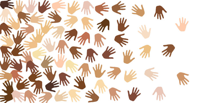 People hands of various skin tone silhouettes. Audience concept. Cosmopolite