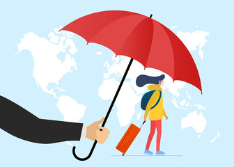 Traveler insurance concept. Agent hand holding umbrella above traveling woman with baggage suitcase in protect face mask on world map background. Safety travel vector eps illustration banner