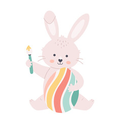 Bunny painting Easter eggs. Happy Easter. Hand drawn vector illustration
