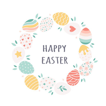 Happy Easter greeting card with painted Easter eggs. Hand drawn vector illustration