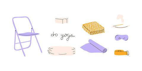 Yoga props hand drawn style illustration. Yoga stuff: chair, blocks, bolster, blanket, yoga mat, incense stick, eye pillow, strap.