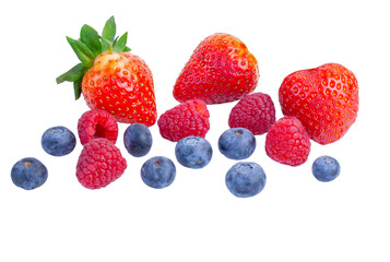 strawberries, raspberries and blueberries isolated on a white background