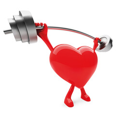 3d red heart vector illustration. Heart shaped mascot lifting weight.