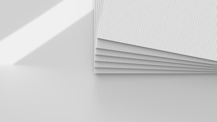 A stack of blank white corrugated plastic correx sheets, close up 3d render showing sheet texture and displayed on a shiny surface for illustration purposes as a mockup template.