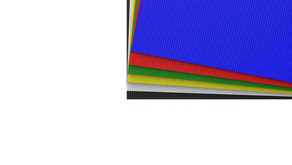 Close up 3d render illustration of different colored industry standard corrugated plastic correx sheets stacked and isolated on a white background. 3d Render Illustration