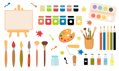 Set of flat vector illustration tools for creativity, drawing and art. Materials for drawing, art studio, designing, drawing, education, creativity. Brushes, paints in tubes and cans, pencil, canva