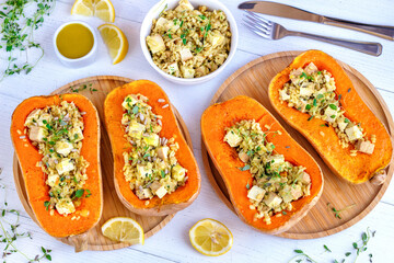 Baked butternut squash with vegetarian tofu and pearl barley filling