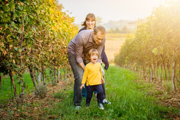 Beautiful young smiling family of three having fun, joking and walking together at a vineyard