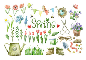 Large watercolor set. Spring flowers and herbs, garden tools, watering can, galoshes, insects, nest, eggs. Elements for creating backgrounds and textures.