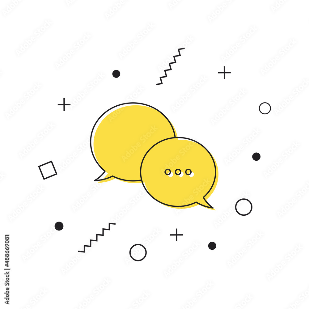 Poster chat bubble icon vector. yellow message symbol icon with geometric shapes on white background. chatt