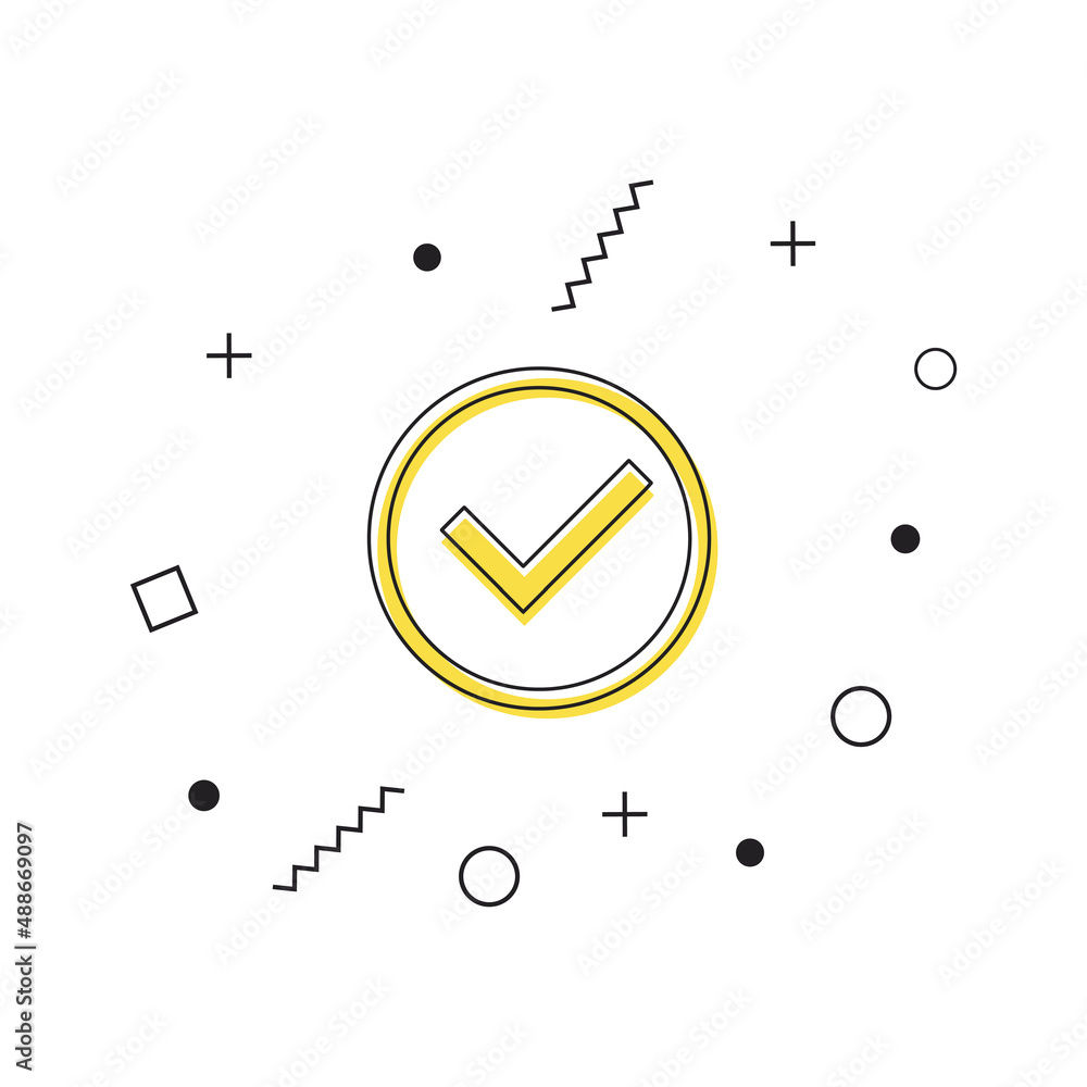 Poster check mark icon vector. yellow check mark icon in a circle with geometric shapes on white background
