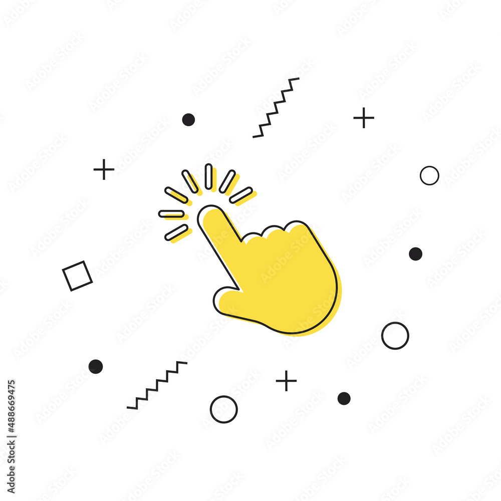 Poster hand cursor icon vector. yellow click symbol icon with geometric shapes on white background. vector