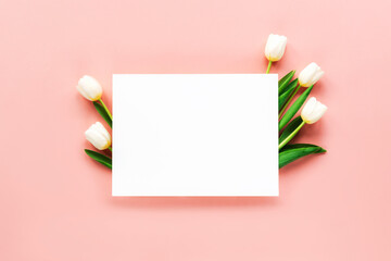 White tulips and blank paper on pink table. Spring festive background. Top view, flat lay, copy space