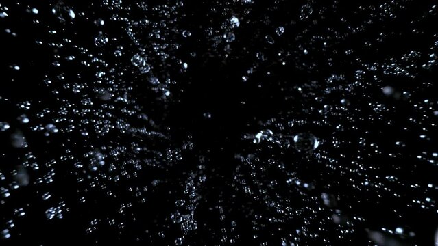 Super slow motion of water drops splashing from shower. Special wide angle macro lens, ultimate perspective. Filmed on high speed cinema camera, 1000 fps.