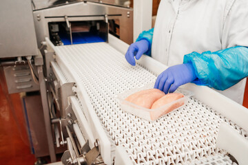 modern poultry processing plant.Meat processing in food industry.Packing of meat slices in boxes on a conveyor belt.Line for the production of semi-finished meat products.