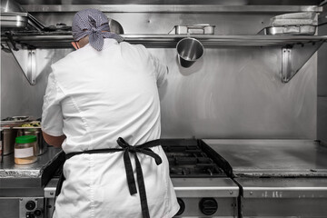 Back view of woman chef cooking food in the kitchen of a restaurant. High quality photography.