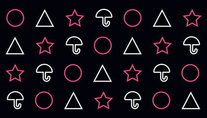 Squid Game pattern. Pink and white circle, triangle, star and umbrella shapes on black background. Vector