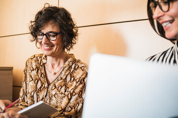 Side view of senior and middle age women working in an office.