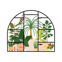Planting greenhouse. Glass orangery, botanical garden greenhouse, flowers and potted plants home gardening illustration. Plants hanging on ropes, growing greenery in pots