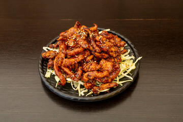 Caramelized chicken strips with soy sauce, soy and poppy seeds on a bed of chopped cabbage