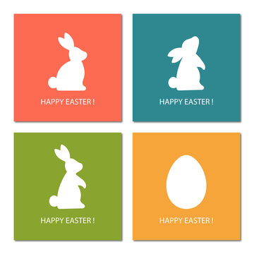 Happy Easter! Set of Easter greeting card with egg and bunny silhouette. White rabbits and egg on color background. Vector minimalistic illustration.