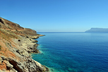 Fototapeta na wymiar View on the an amazing scenery of Balos costal, beaches and turquoise sea
