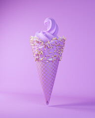 Purple Pink Lavender Ice Cream Gold Leaf Cone Pattern Gold Sprinkles Food 3d illustration render