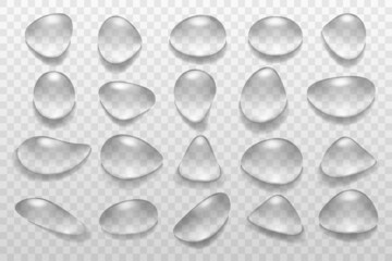 Water drops set different shapes on transparent background. Realistic vector with glass sphere, raindrop, condensation. Design for poster, banner, concept
