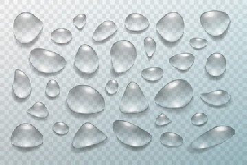 Water drops set different shapes on transparent background. Realistic vector with glass sphere, raindrop, condensation. Design for poster, banner, concept
