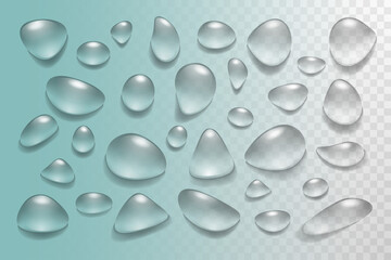 Water drops set different shapes on transparent background. Realistic vector with glass sphere, raindrop, condensation. Design for poster, banner, concept